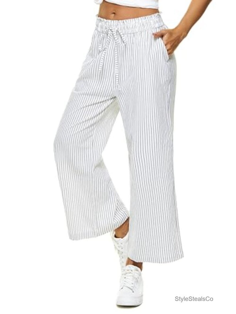 Women's Linen Wide Leg Capri Pants High Waisted with Pockets